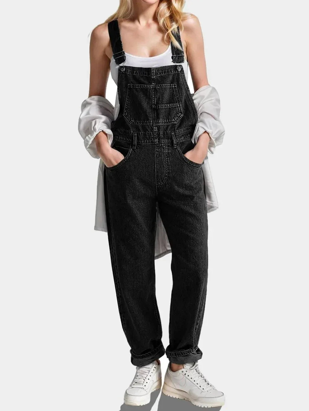 Square Neck Wide Strap Denim Overalls - VILLA FASHION